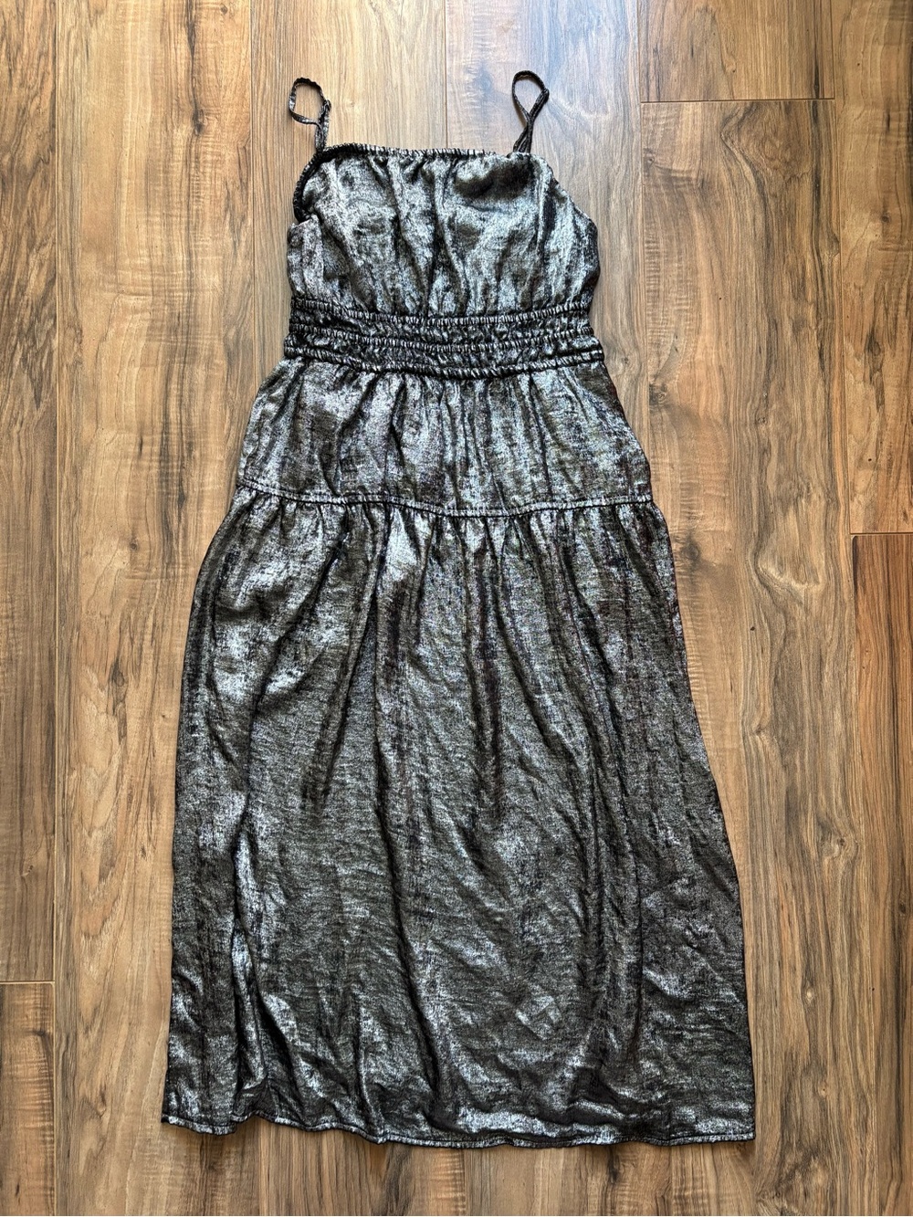 Old Navy Metallic Silver Cami Midi Dress - Small - Smocked Waist & Tiered Skirt